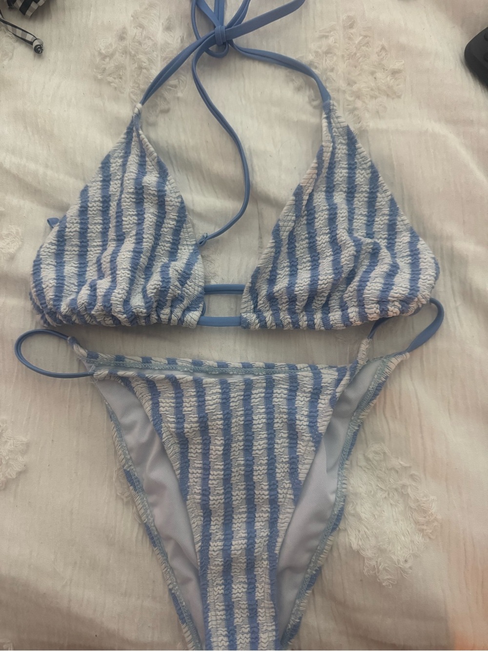 SHEIN Blue and White Textured Stripe Triangle Bikini